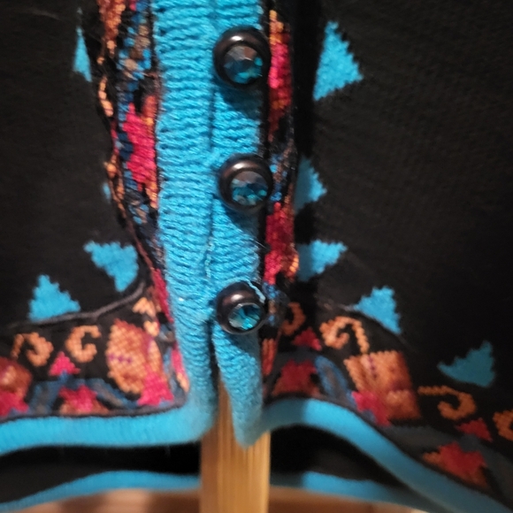 Vintage Anne Crimmins Embroidered  Black & Teal Blue Women's Sweater Sz Large - Picture 6 of 7